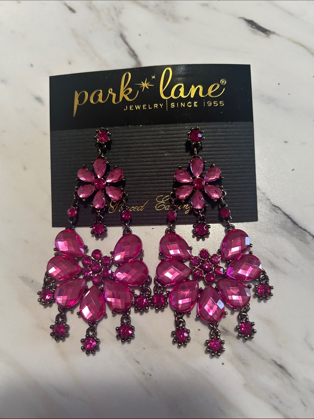 Park Lane Hot Pink Floral Crystal Chandelier Earrings & Floral Butterfly Ring